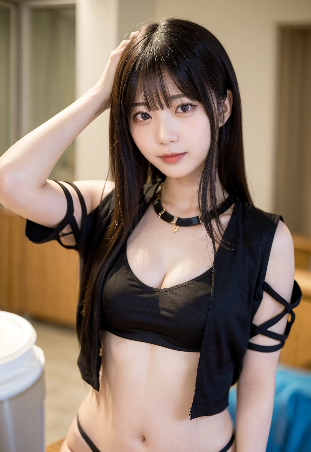 (8x_NMKD-Superscale_150000_G),(8K, Super high quality,highest quality),(masterpiece:1.5),(iron collar:1.5),(girl),(18 years old),(Bikini with black skirt),A beautiful girl who was brainwashed in a foreign land wears a collar and black leather costume and becomes a subordinate of the king.,