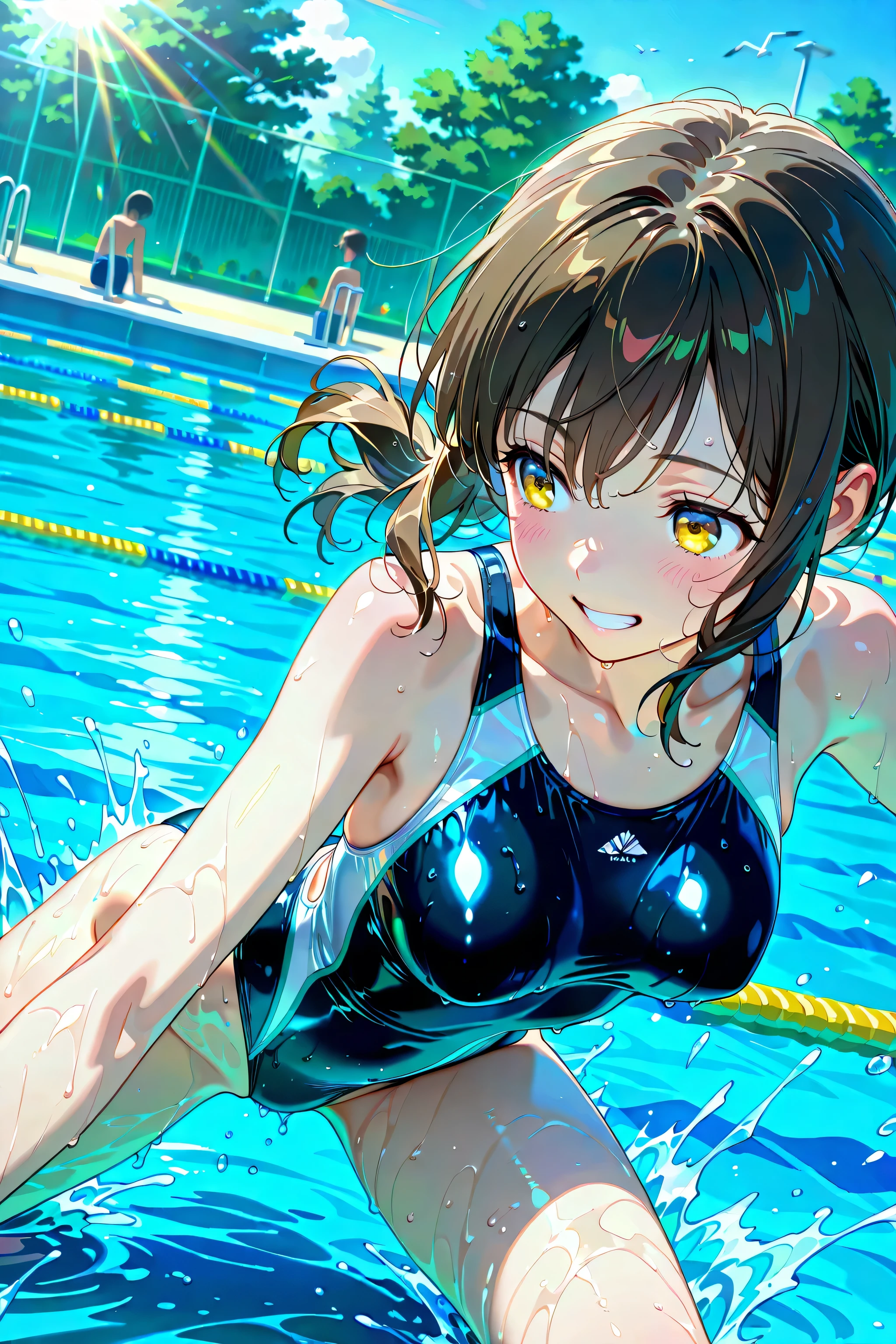 best quality, masterpiece, ultra high res, (photorealistic:1.4), RAW photo, Intricate details, ((Perfect Anatomy)), Big beautiful eyes, Perfect contours, masterpiece, One girl, ((Kindergarteners)), Shortcuts, Medium chest, Olympic Swimmer, (one piece, turtleneck,No sleeve), Transparent and clear metallic green swimsuit, 　tight high leg swimsuit, ((Shooting from below, looking up:1.2)), Portrait, View your viewers, Outdoor swimming pool, Partially submerged, Wet Skin, Shy, (armpit)