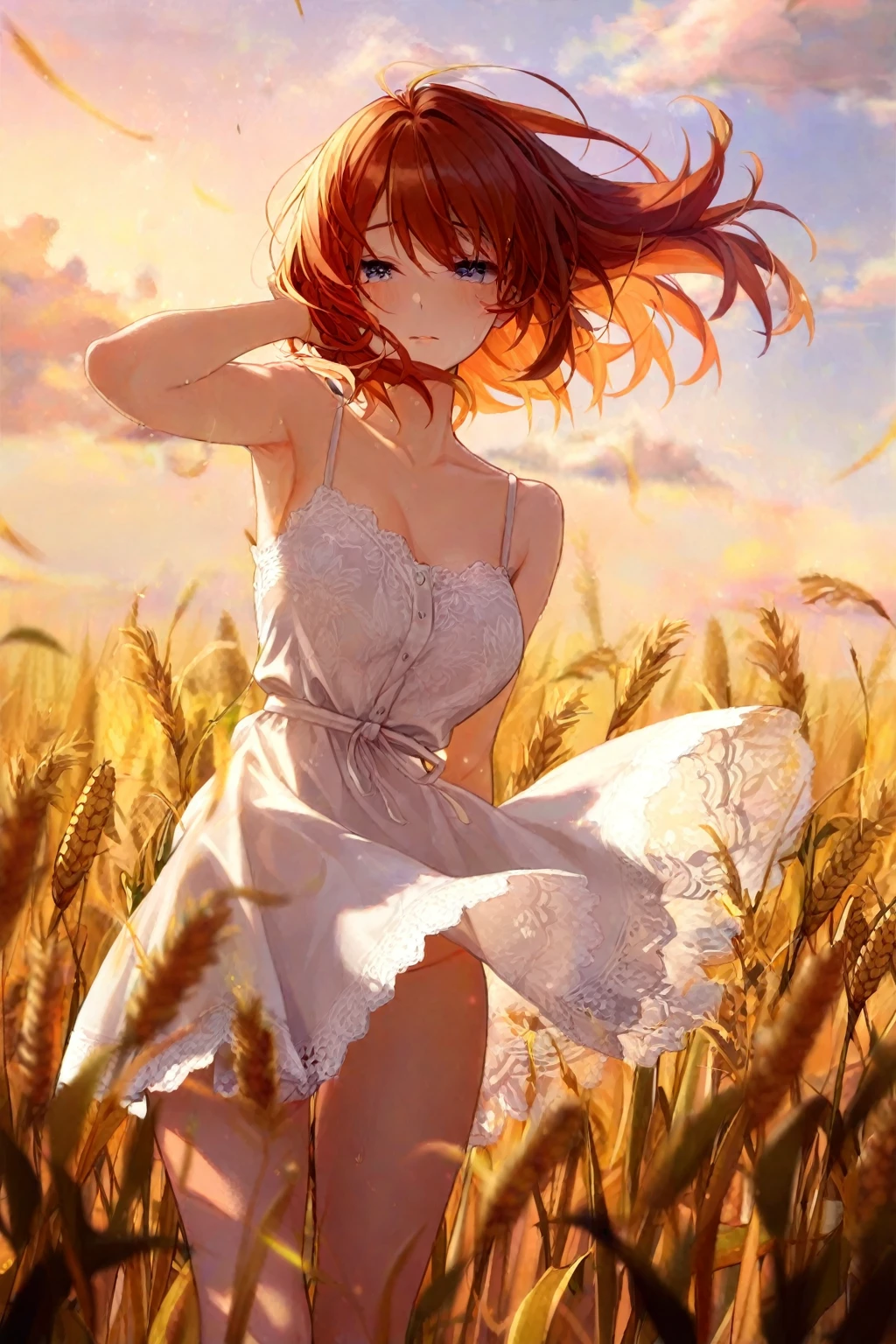 1 girl, alone, long orange hair, running, (tall wheat field), turn around, emerald eyes, revealing dress, revealing white outfit, sunset, spectacular sunset, shadow on figure, smile, laugh, (sky blue), on a wheat background, standing in the distance, looking at the viewer. view from behind.