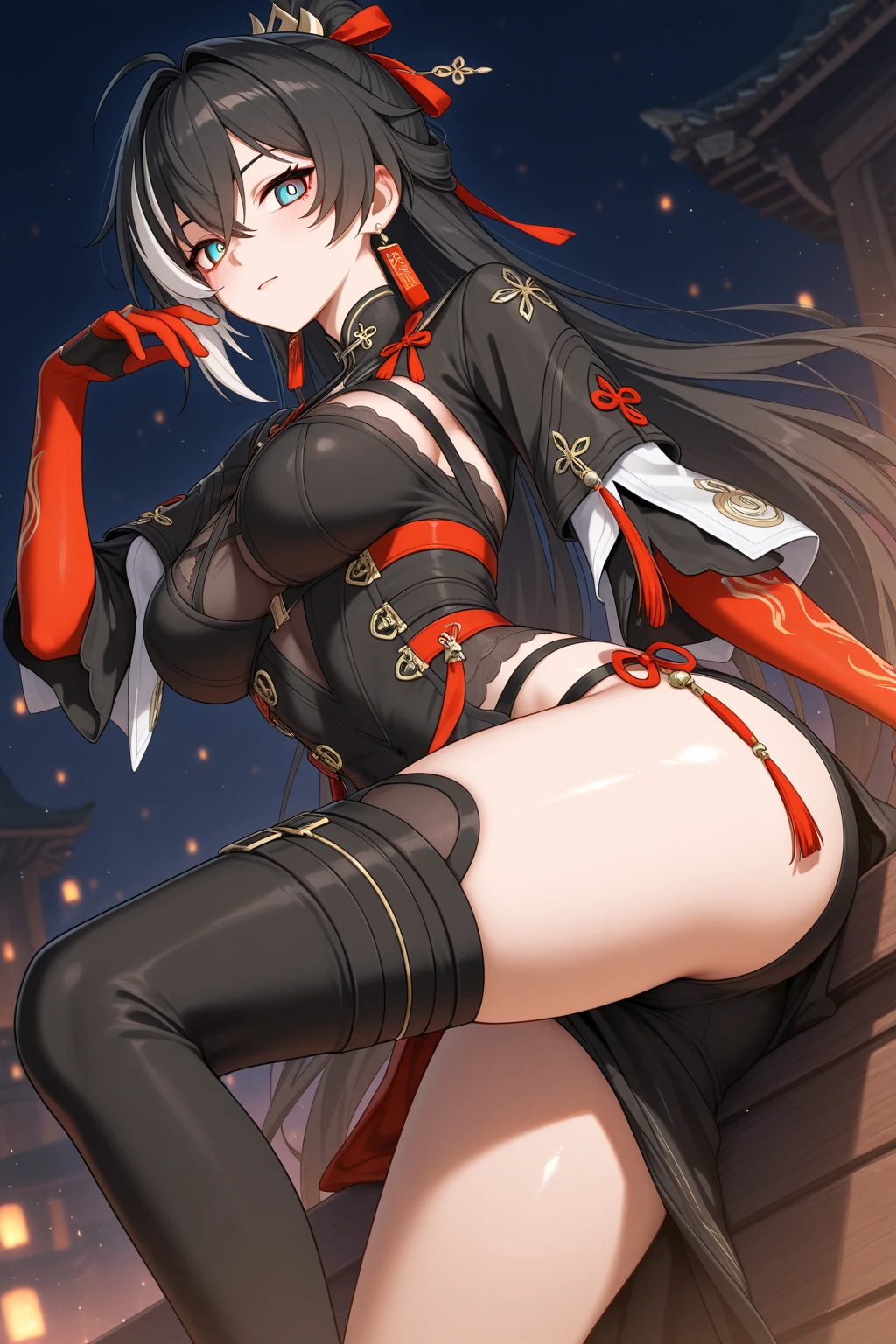 Black short-haired girl with doll head and flat chest，Japanese Ninja，kimono，Hand guard，thong，thigh，Standing，Japanese castle roof