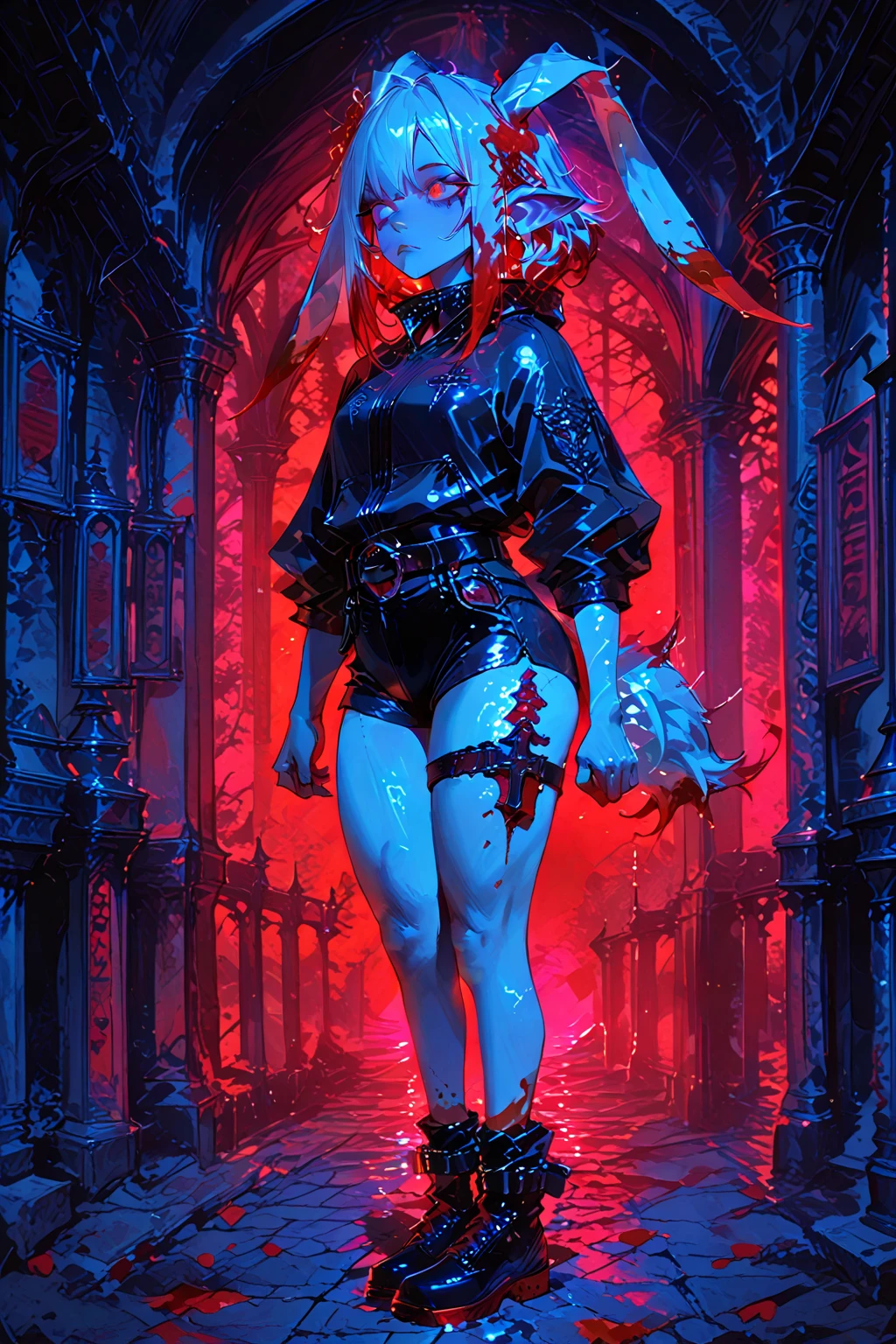 a fantasy epic illustration (Julie Bell style: 1.5)) of a drow elf thief holding a large diamond in a vault, a female drow elf thief, (dark grey skin: 1.5), black and color, full body, (small pointy ears), dynamic hair color, dynamic hair style, ultra detailed face, wearing white leather leotard, white leather pants, busty, small cleavage, high heel boots, she is happy for reaching her goal, success, holding a large sized (red diamond: 1.3), brilliant diamond, many facets, many colors diamond, fantasy safe vault background, torchlight, vibrant, Ultra-high resolution, High Contrast, (masterpiece:1.5), highest quality, Best aesthetics), best details, best quality, highres, 16k, [ultra detailed], masterpiece, best quality, (extremely detailed) RAW, (ultra details, Masterpiece, best quality)