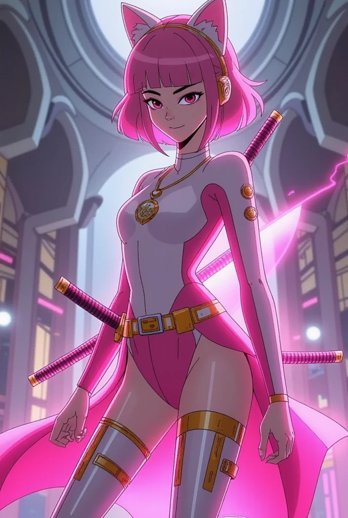(masterpiece, best quality:1.2), 1girl, solo, leotard, bare legs, matching boots, sleeveless, looking at viewer, light particles, (perfect hands), perfect eyes, perfect leotard, (perfect legs), (perfect arms), (perfect fingers), medium breasts, ((pink leotard)), spinning, (purple hair, bob hair), knee boots, blue eyes, heart cutout, cute face, hair down, bangs, sleeveless, pink gloves, pink footwear, cleavage cutout, superhero, super speed, light swirls around her body, time travel, super spin, spinning around, single, spread arms, cyclone spinning, serious, simple eyes