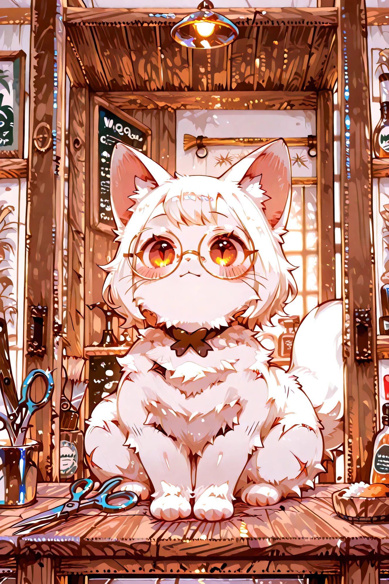 top quality、masterpiece、Inside a stylish cat barber shop、A scene where a barber, a pure white cat wearing round glasses, cuts a fluffy rabbit customer sitting with small scissors with a serious expression、The background is lined with wooden shelves and brushes and scissors、warm lighting gently illuminates the store、cute and humorous atmosphere、cute