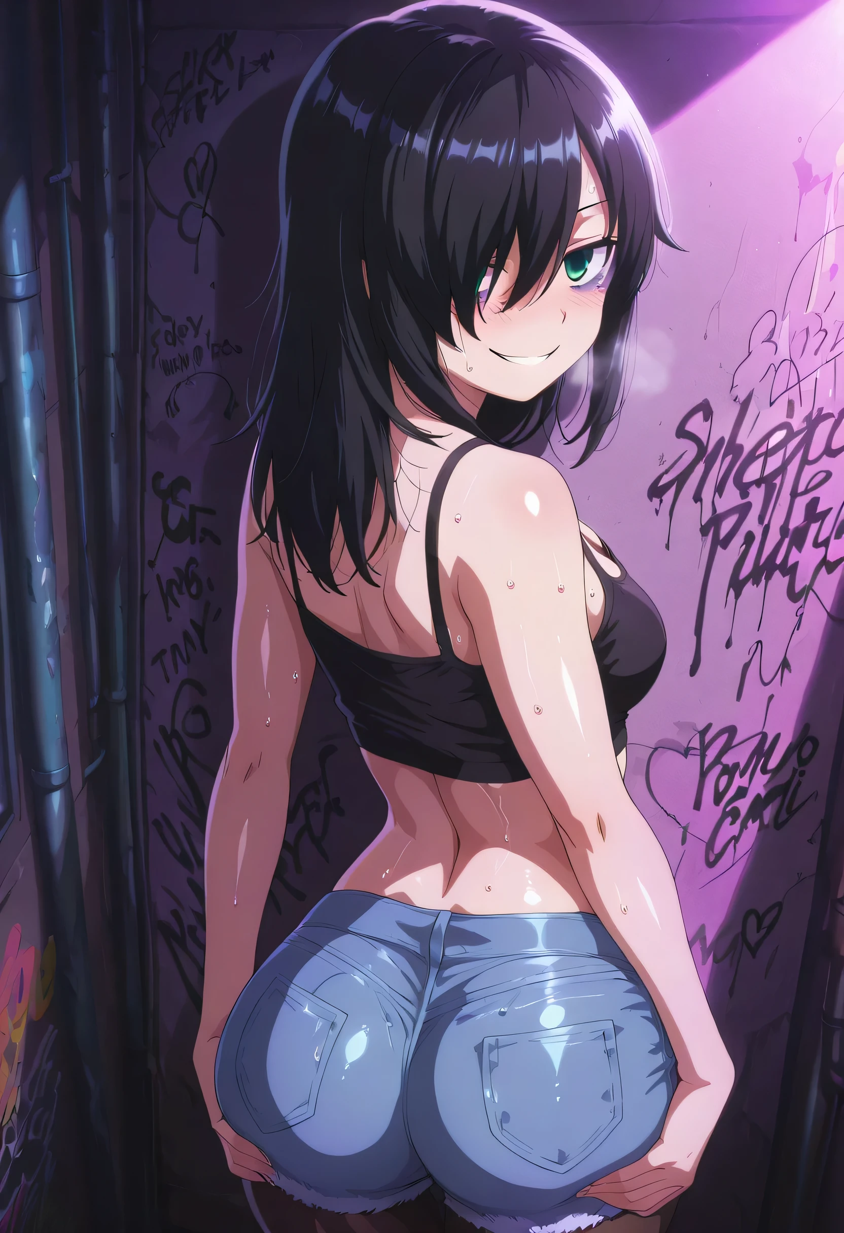 score_9 , score_8_up , score_7_up , source_anime detailed eyes,anime eyes,high detail eyes,multicolored iris,detailed iris,anime style, 4k masterpiece, best quality, girl, beautiful face, clean skin, shiny hair, shiny skin, beautiful face, perfect eyes, 4k high quality eyes, high quality brightness, best quality, 4k very aesthetic, absurd, perfect body quality, beautiful curves, perfect, perfect genitals, beautiful ambient light, beautiful aesthetics, very realistic scenery, 4k high quality, masterpiece, best quality, absurd, latest, high resolution, official art, best quality, absurd, latest, high resolution, official art, screenshot, anime screenshot, anime coloring, 1gir tomoko kuroki, long hair, black hair, green eyes, hair over one eye, bags under eyes, large breasts, cleavage, short denim shorts, tights, black tights, black crop top shiny skin, wet body, wet clothes, shiny oiled skin, sweat,shiny hair, in Tokyo city in an alley with a lot of dark graffiti, realistic shadow of luiz beautiful realistic scenery, in Tokyo city in an alley with a lot of dark graffiti, realistic shadow of luiz beautiful realistic scenery, red face of shame guys with a very large blush on their face, beautiful aesthetics with purple light, at night, beautiful aesthetics with light purple, very beautiful aesthetic lighting, lighting with a lot of realism on the body, beautiful scenery with a lot of details, in a beautiful masterpiece, best quality, extremely detailed face, perfect lighting, from the back showing her big ass, she holding her ass with both hands, focus on the big ass, looking back with a naughty smile