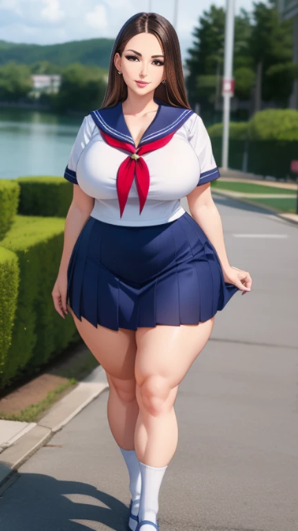 Big Breasts, Big Hips, Full Body Shot, Mature mother, Voluptuous thighs, ox, Seductive mature woman, Perfect body, Plus Size Model, Sailor suit, Wearing high heels,Miniskirt Uniform, Chunli,Black Lingerie、From the back、