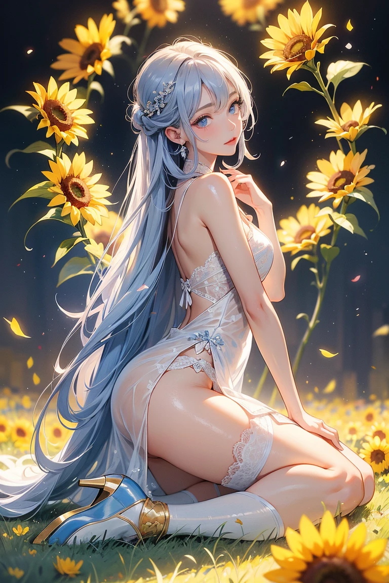 ((focus on the face)),NSFW, ((Cute symmetrical face)),8k, highest quality, photo realistic, Highly detailed 8k wallpaper,(biologically correct form),(masterpiece:1.2, highest quality), (realistic, photorealistic:1.4), beautiful illustrations, (natural side lighting, movie lighting),  girl、Blue-silver hair,、 perfect face, perfect body, shiny skin, beautiful hair, beautiful face, beautiful eyes, 緻密でbeautiful eyes, beautiful body, beautiful breasts, beautiful arms、((slender and beautiful legs)), (small ass、thin thighs),blush,、 (High heels of the same color on the left and right、anklet), (upper grade、cute smile), (shirt、corset、pencil skirt)、good、Toe stockings、garter belt)、Detailed facial depiction、Correct number of limbs、big, kind eyes、(The background is a vast field of sunflowers.)、(Slouching figure、Forward bend)