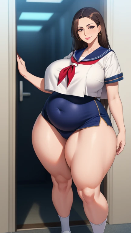 A girl wearing bloomers((From before)),Brown Hair,Light brown eyes,Blushed,Troubled expression,pigtails,BIG Boned,On the ground,steam,vapor,Big Ass,Thick legs,Thick arms,Wide pelvis,Wearing gym clothes,thick calf,tall,Sweat,Being outside,weather((Clear skies))