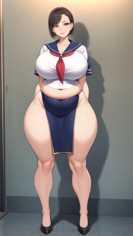 Large Breasts, Big Hips,Full Body Shot, Mature mother, Whipping the lower body, plump thighs, Ample calves, Seductive mature woman, Perfect body, Plus Size Model,high school girl,Sailor suit, The skirt is short,Mature woman wearing Sailor suit,Chunli