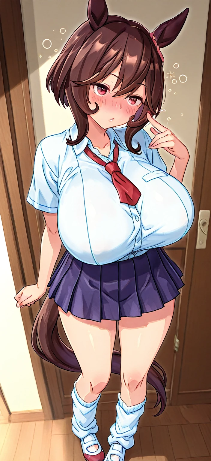 score_9,score_8_up,score_7_up,saurce_anime,rating_explicit,masterpiece, best quality, very aesthetic, absurdres, 1 girl,Tokai Teio,brown hair,long hair,ponytail, (huge breasts),huge hip,Glamorous body,(white collared shirt, pleated skirt,checked skirt,glasses,race legware),embarrassed,blush,happy
BREAK
from below