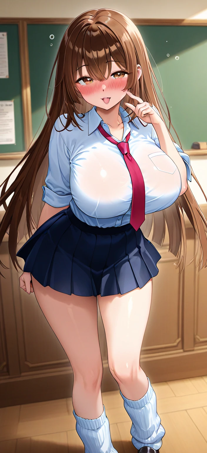 A Beautiful and Cute young Girl, (16 year-old), with (Long Dark-Brown Hair), Big Beautiful Blue Eyes, (Extremely Huge Breasts), (Incredibly Enormous Butt), ((Excessively Huge, Extremely Thick and Round, Overwhelmingly Extremely Enormous Thighs)), and is about 4.9 feet Tall. Wearing a tight High-School uniform that her thighs have significantly outgrown, and is sitting in the school hallway, embarrassed by her appearance and the absurd size of her thighs, Her High-School uniform has a fancy white top, (a slightly too short Green Skirt),