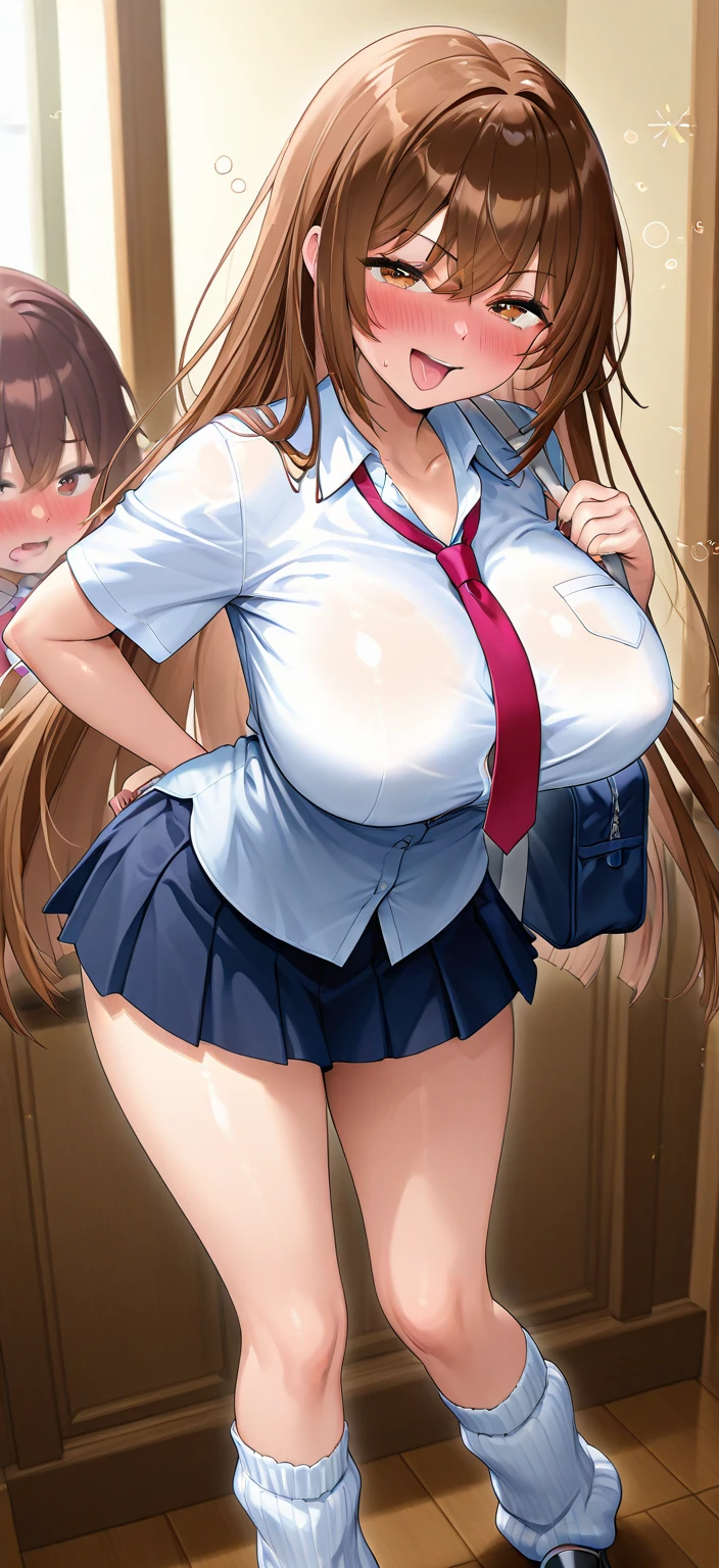 Blushing anime girl with huge breasts in cowgirl underwear 