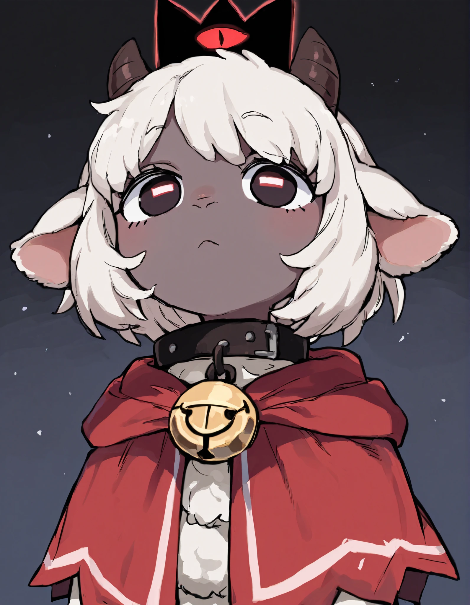 ,, masterpiece, best quality, very aesthetic, 1girl, solo, cult of the lamb, sheep girl, collar, horizontal pupils, red/black eyes, red crown,