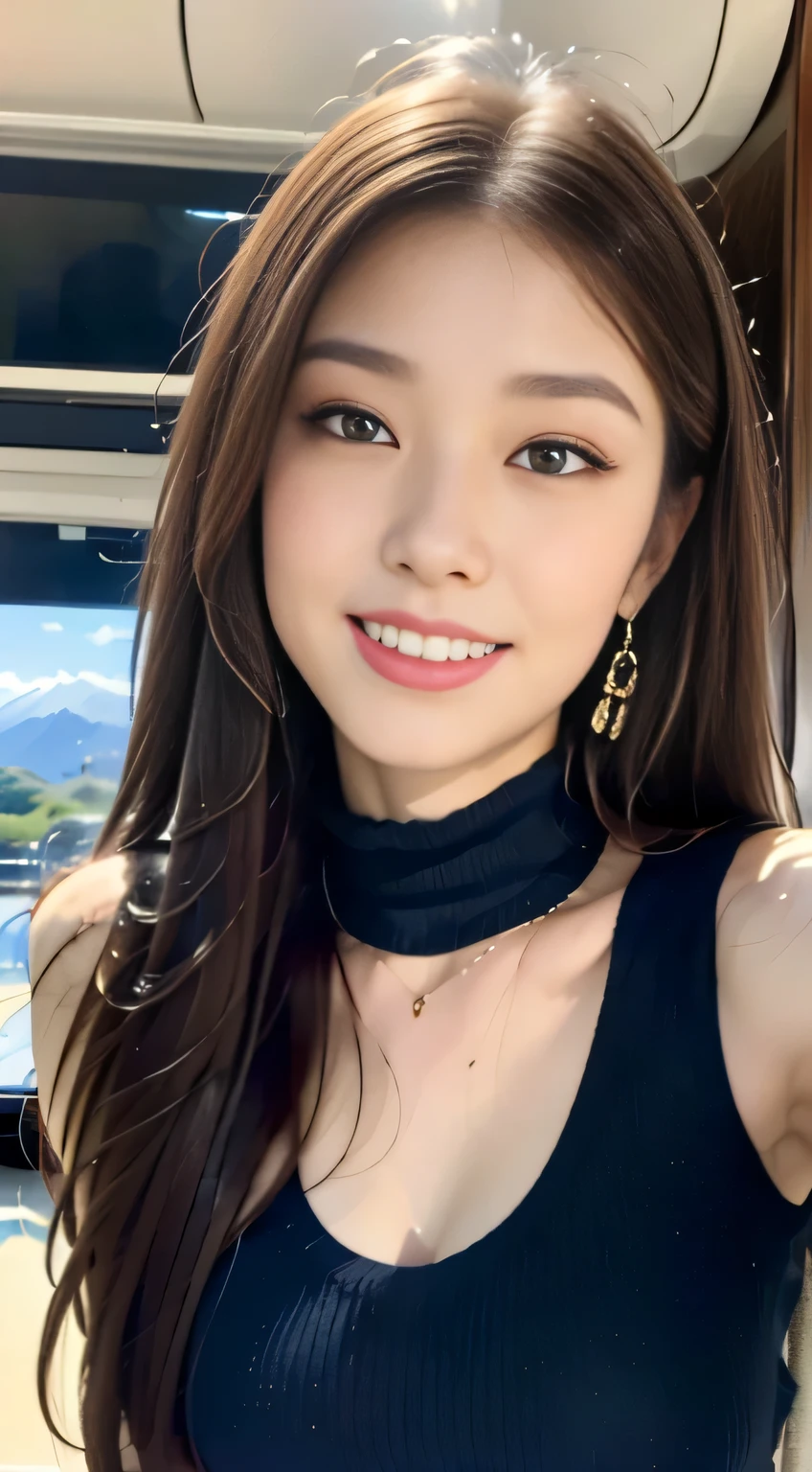 seed:4195271995,((Full Body Angle:1.1)),((highest quality, 8K, masterpiece: 1.3)), concentrated: 1.2,Front hair:1.3, Cute girl 1,Nipples erect、 Perfect beauty: 1.4,Colorful ribbed knit half-zip T-shirt、Shorts,: 1.2,Randall Color、comics&Text Graphics、Black,1.1, Highly detailed face and skin textures, Fine grain, double eyelid, whitening skin, ,highest quality,Ultra-high resolution,you,1 girl,alone,_Shiny_skin,Iris,necklace,((Brown_length_Wavy_hair)),(lips)),eyelash,Front hair,deal with,compensate,Shiny,pore,skin texture,Large Breasts、smiling face、Front hair、The hair is wet、from below