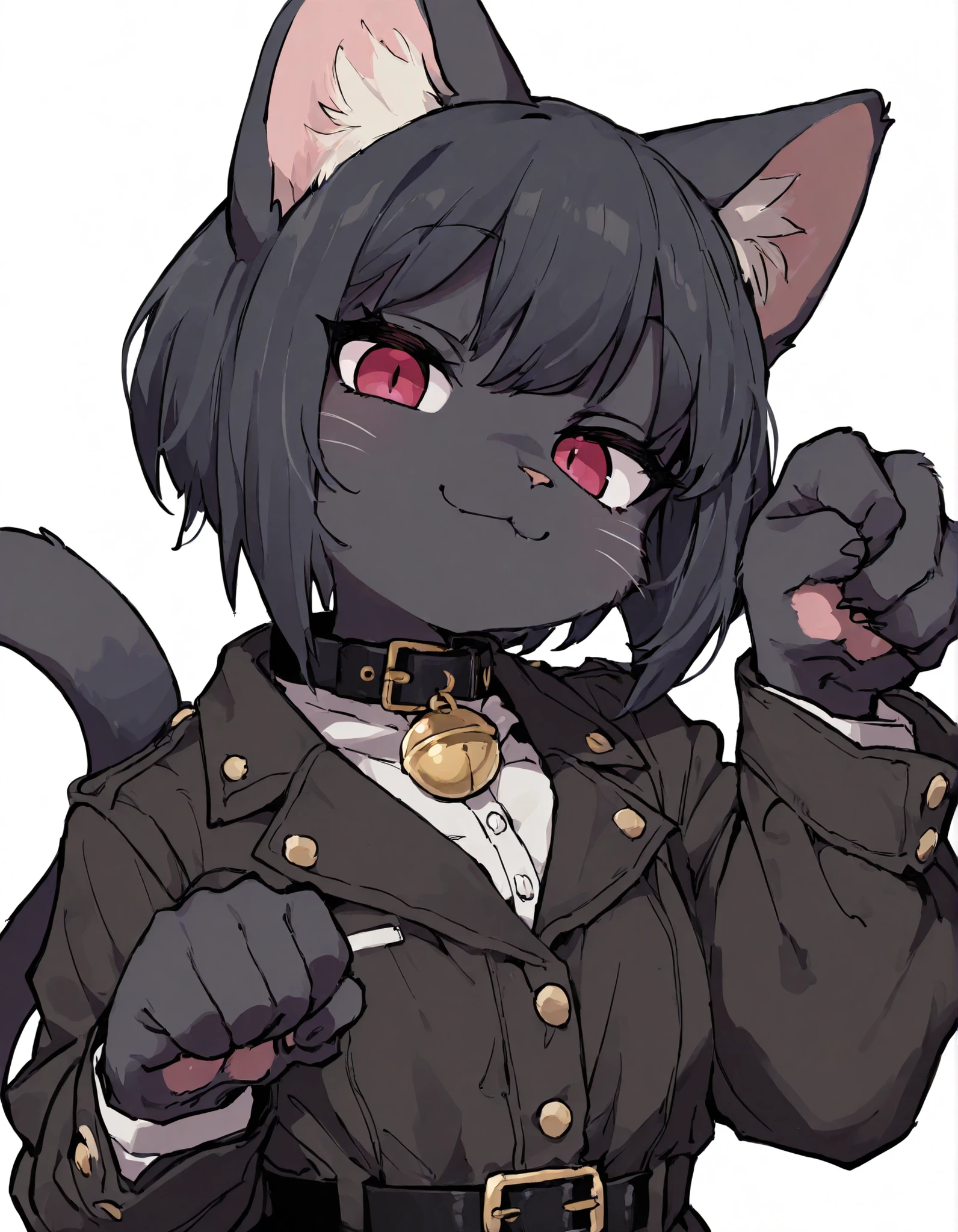 ,, masterpiece, best quality, very aesthetic, 1girl, solo, white background, looking at viewer, portrait, paw pose, :3, furry female, cat girl, animal ears, black hair, short hair, black skin, red eyes, cat tail, black jacket, buttons, long sleeves, black belt, collar, masterpiece, best quality,