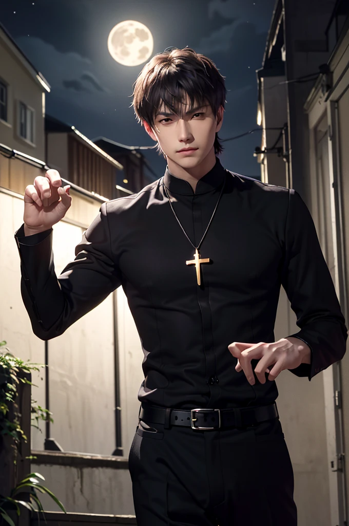 19 year old boy, White skin, wear black clothes, his face expresses sadness and emptiness, his marked jaw, green eyes, marked dark circles, wavy black hair,  blood dripping all over his face, like a martyr. In the background you can see an abandoned church and a cross.