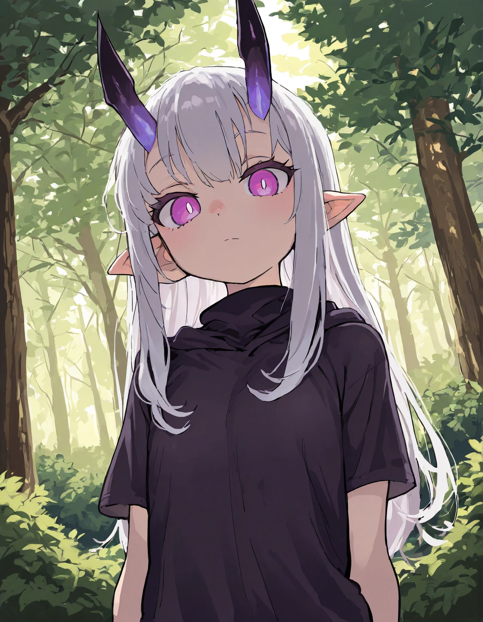 ,, masterwork, masterpiece, highres, very aesthetic, absurdres, 8k, uhd, high detailed face, absolutly gorgeous, high detailed eyes, perfect eyes, dynamic light, dynamic angle, natural light, 1girl, solo, long hair, looking at viewer, closed mouth, white hair, short sleeves, outdoors, horns, pointy ears, day, blurry, tree, nature, forest, purple eyes, bush, masterpiece, best quality, amazing quality, masterwork, cinematic light, harsh shadows, light and shadows, perfect composition,