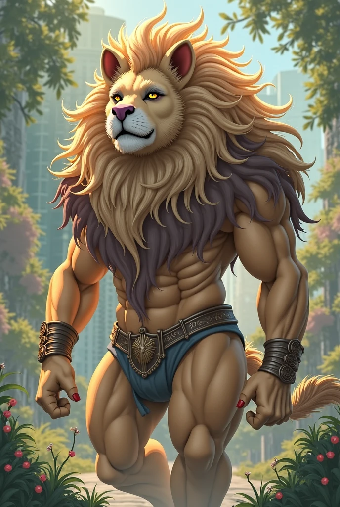 (best quality, highres, ultra-detailed), realistic, lion, male, long and blonde mane, blonde beard, green eyes, round and plump belly, chest harness, tight and form-fitting jockstrap, sexy pose, sexy gaze, alone, standing, terrace garden