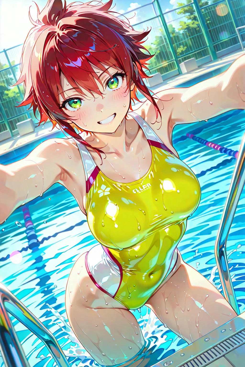 (Perfect body),Best Quality,16 K,(((((Lori)))))、(((NSFW)))、((((SEX))))、(((((Brown skin))))),blush、((((:o))))、(((Ahegao)))、(is crying)、embarrassed from,(((Short hair))), (((Orange Eyes))),((((Pink hair)))),(Sweat),((((Wavy Hair)))),Ahoge,Light green hair clip,(white knee-socks),((Big ass)),(Yellow camisole)、(Pink ruffled mini skirt)、((cheerleaders))、((Light blue striped panties))、(((((Big breasts)))))、(((thick thighs)))、((Pom-poms in both hands))、Armpits、(((short in stature)))、((((spreading legs))))、(in poolside)
