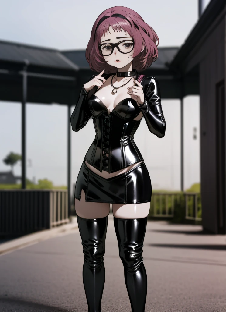 Yankee sitting、Poop sitting、(((open legs:1.4)))、(((Wide-open legsでしゃがむ)))、(((Squat with your legs spread in an M-shape)))、BDSM、Queen、mistress、(((One girl)))、solo:1.8、(((Black latex elbow gloves:1.4 )))、(((Black latex corset dress:1.4)))、(((The corset dress is decorated with beautiful lace.)))、(((Corset dress with shoulder straps)))、(((Black latex tight mini skirt:1.4)))、(((Black Thigh Boots)))、(((Black fishnet stockings:1.2 )))、(((Stiletto heels:1.4)))、(((Black latex panties)))、(((Black latex bra)))、(((Black leather collar)))、(((Sexy pose:1.4 )))、Wide-open legs:1.2、(((Erotic)))、(((Cowboy Shot)))、(Very detailed), (4K), (Pixiv), Perfect Face, Beautiful eyes and face, (Highest quality), (Very detailed), Detailed face and eyes, (alone), Textured skin, Absurd, High resolution, Muse, Glasses, Long Hair, Purple eyes,Redhead, break、Subjective, Selfie, Temple, Japanese architecture, Outdoor, cherry blossoms,Frowning、(((Gazing at the audience)))、Cold Stare、blush