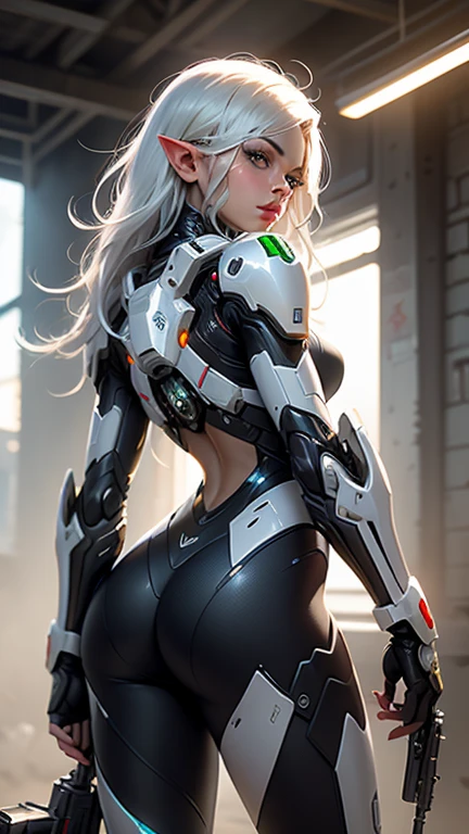 (rear view, backside view)、(La mejor calidad,A high resolution,Ultra - detallado,actual),Ariana Grande , retrato, (Superchica zombi de DC:1.4 ) , (biomech White :1.4 ) , robot complejo, crecimiento completo, Hyper realistic, crazy little details, extremely clean lines, (ciberpunk aesthetic) , (obra maestra presentada en Zbrush Central) , brutalist gothic cathedral, ciberpunk, foto premiada, bokeh, neon lights, cyber member, (pose vaquero) ,More detailed 8K.motor irreal:1.4,UHD,La mejor calidad:1.4, fotorrealista:1.4, textura de la piel:1.4, obra maestra:1.8,obra-prima, mejor calidad,objeto Objeto], (detailed face features:1.3), (chemical laboratory ruins background:1.4 ), (ciberpunk 2.1), (convexo dedos detallados), (Perfect anatomy), (hermosos ojos azules),( lingerie White ), (cabello White canoso :1.4) 