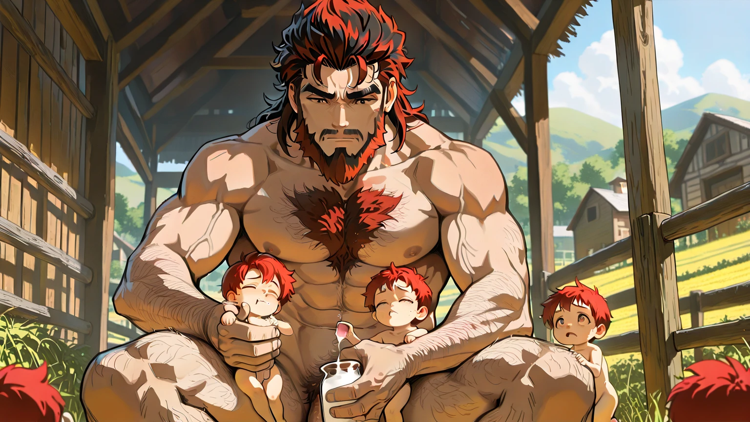 (((background showcases a diverse group of muscular male orce individuals, Capture the joy, anticipation, and unity among this group, shirtless, nsfw))), absurdres, Akitaru Obi, bare shoulders, black hair, chama kou, highres, looking away, male focus, muscular, muscular male, short hair, 8k quilty, sperm cave( Akitaru_Obi, detailed eyes, detailed face, (((full body))), visible foot, barefoot, black hair, black eyes, smile face, looking at viewer, embarrassed, blush, look from down, (((standing up on the ground))), (((crossed arms))), showing off belly, masterpiece, best quality, male focus, upper body, handsome, male, gay, smooth and sharp focus, Wet body, (((XXL down penis))), (((nsfw))), (((Breeded))), (((emphasizing the extraordinary size of pregnant belly))), (((36 months pregnant))), (((pregnant belly))), (((Impregnated))), (((nsfw))), (((giving birth to semen)))).
