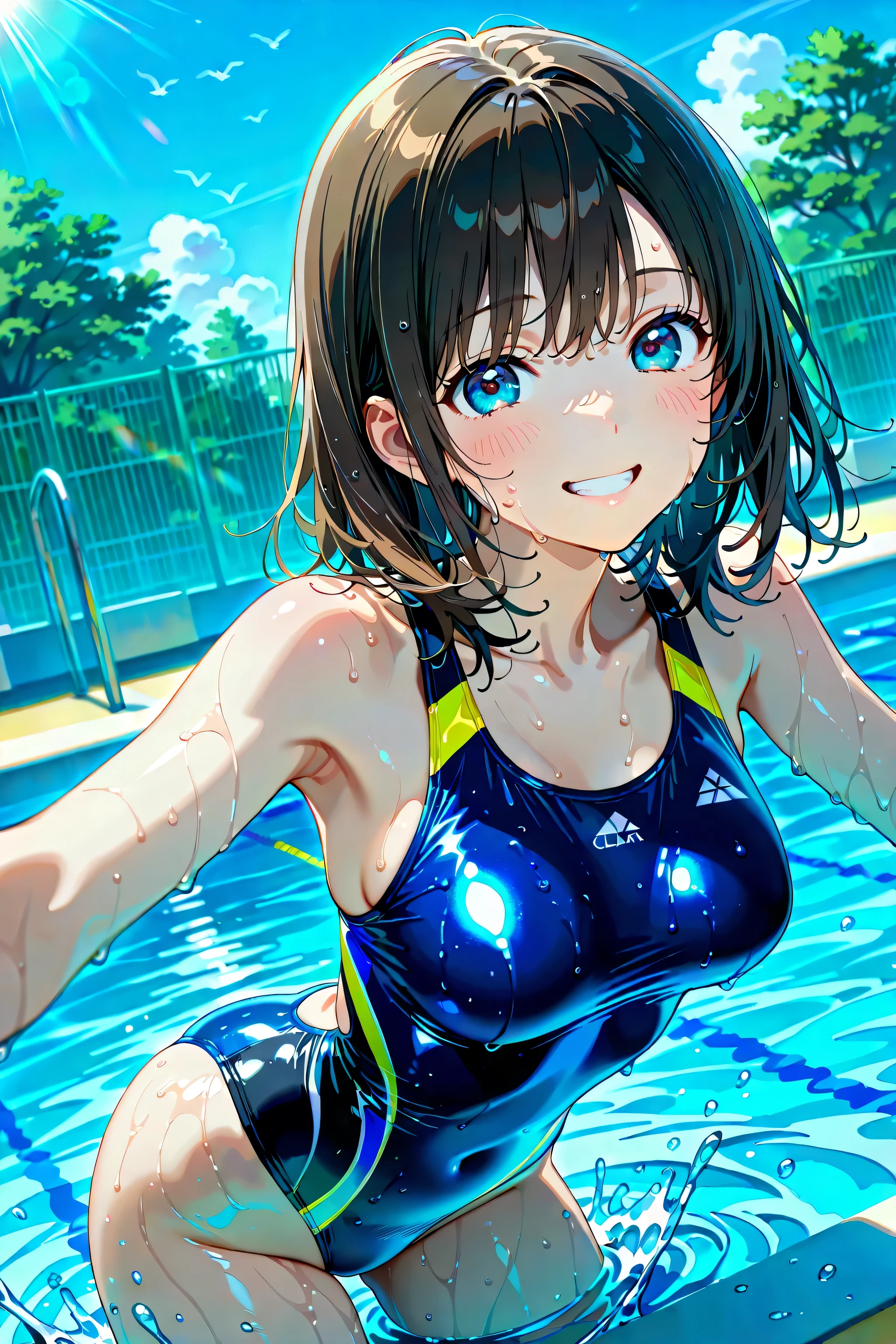 best quality, masterpiece, ultra high res, (photorealistic:1.4), RAW photo, Intricate details, Big beautiful eyes, Perfect contours, masterpiece, One girl, Shortcuts, Medium chest, Olympic Swimmer, (one piece, turtleneck,No sleeve), Transparent and clear sapphire glass swimsuit, tight high leg swimsuit, ((Shooting from below, looking up:1.2)), Portrait, View your viewers, Outdoor swimming pool, Partially submerged, Wet Skin, Smile, (armpit)