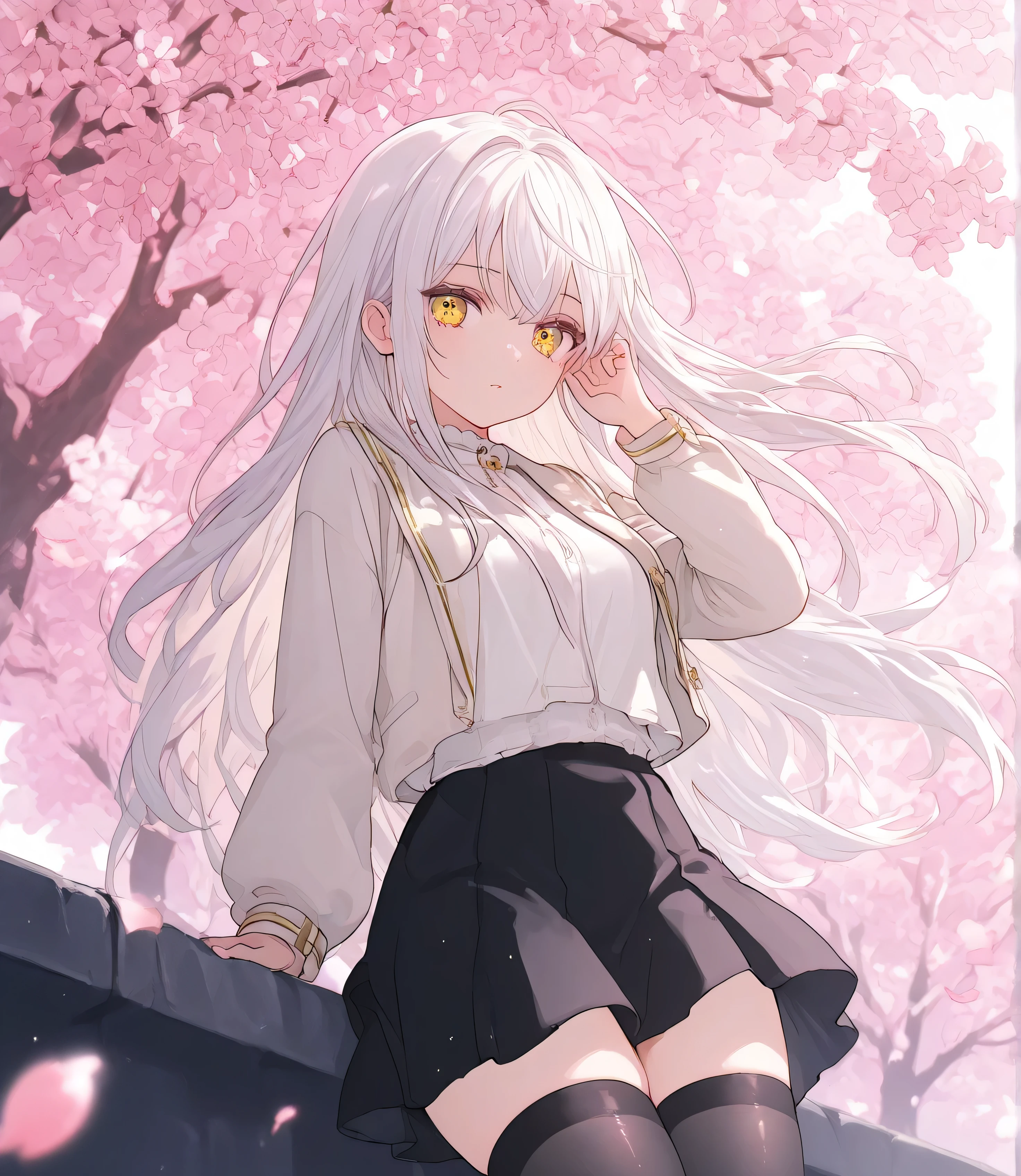 1 girl with long, shiny white hair, loose hair, long hair, shiny yellow eyes, white shirt, white jacket with gold accent, black skirt, short skirt, black stockings, cherry tree, falling cherry tree, falling cherry tree, light particles