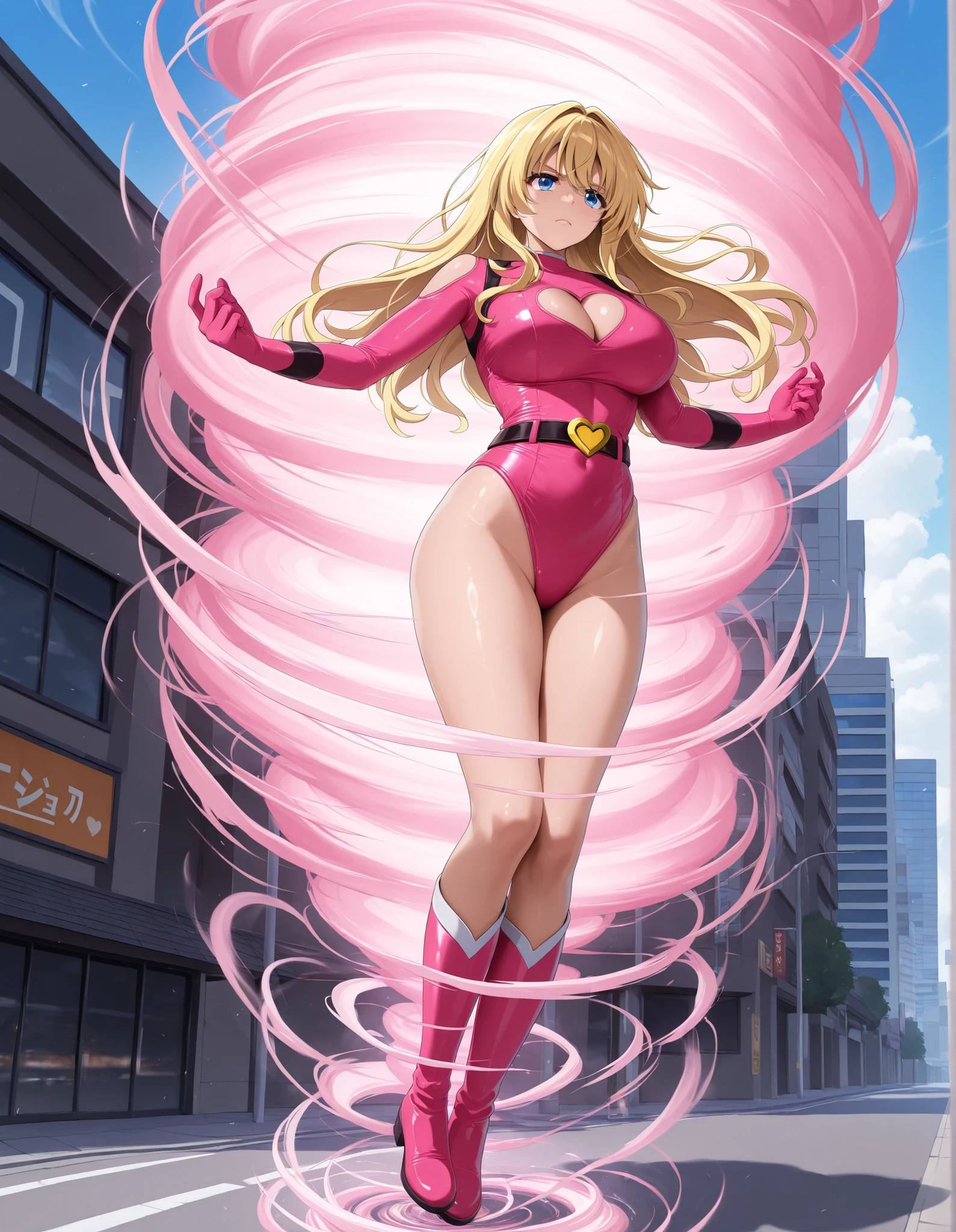 ((masterpiece)), ((best quality)), ((high res)), 1girl, solo, solo focus, (leotard, perfect leotard, pink leotard, sleeveless, bare legs), matching boots, looking at the viewer, blue sky backdrop, hand, perfect hands, complete fingers, perfect anatomy, medium breasts, (blonde hair, long hair, mid-length hair, hair down, bangs), knee boots, blue eyes, beautiful detailed eyes, beautiful detailed face, cute face, (cleavage heart cutout), pink gloves, pink footwear, superhero, heroic, spread arms. spins in place like a tornado. she spins at an incredible speed, creating a whirlwind of air around her. spiral lines around, cyclone winds around, tornado spinning. full body with costume