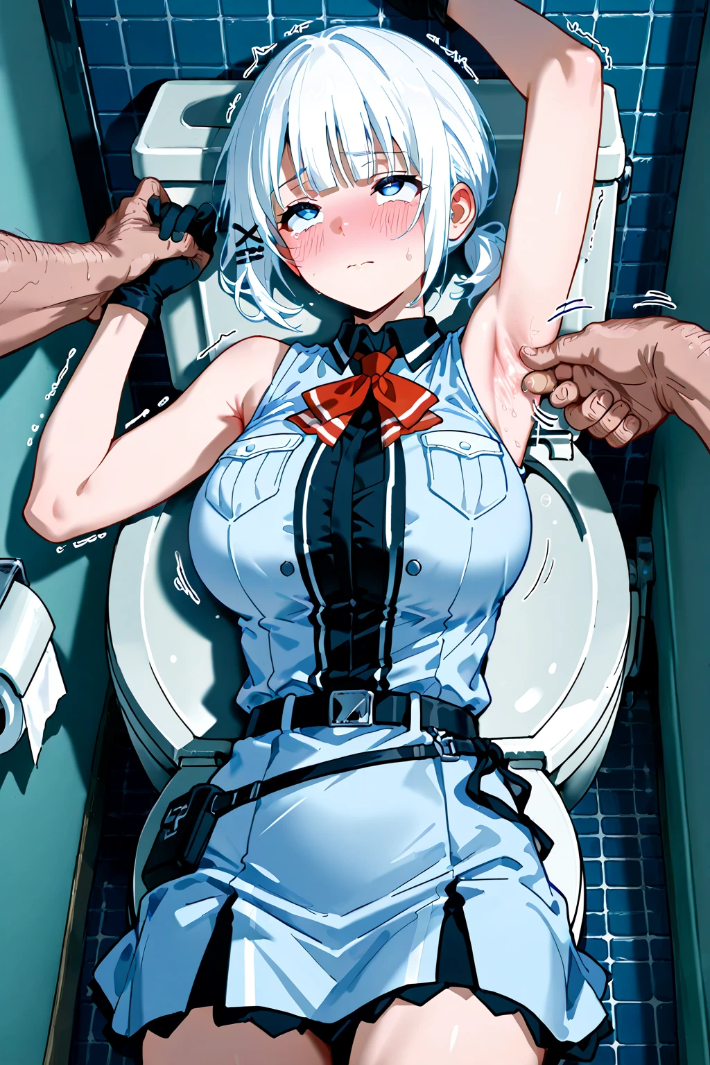 BREAK Perfect Anatomy、Highest quality、(cute:1.1)、(cute)、(High resolution:1.2)、Unbelievably absurd:1.3、Incredible illustrations、(cuteイラスト:1.2)、nsfw,（Beautiful background、Late Night Classroom）、1gial(Silver hair, blue eyes、Bobcut(child,(a girl, , height 1.3meters, 30kg),,10-year-old,flat chest、tan:1.5）（school uniform,White Silk Sexy Lingerie、garter belt）(、)( Sex preparation:1.2),pussy juice:1.2,Preparing ,,shackles,restrained、chain、gagged） Against the wall、Hands above head,rape,pussy juice:1.2,How(anal,Sex),How in ass,(3fat boy),penvis ,（dutch angle,cinematic angle）