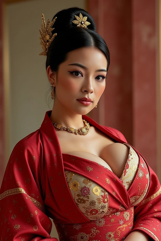 GEISHA ,CHUBBY, BBW, photo vintage, visage feminin parfait, BLACKHAIR , tache de rousseur, 1788, big huge breasts : 68H,FRONT VIEW, Rembrandt LIGHT , EXTREME LONG V-NECK, BIG CLEAVAGE, BEAUTIFUL EYES, BEAUTIFUL HANDS, LIGHT SMILES, PERFECT FACE, tres long décolleté , NECKLACE, RING, JEWELERY RICH, SFW, FULL BODY, COLORFUL, SEXY ROYAL LINGERIE, 
