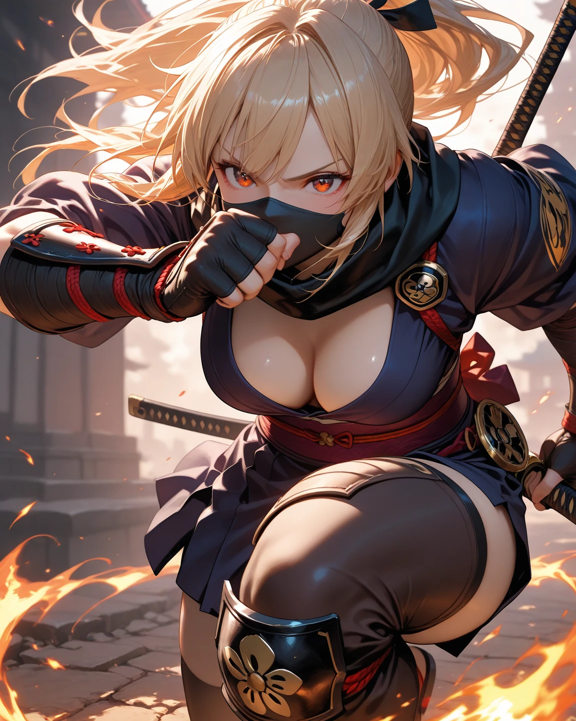 Highest quality、Highest quality、Full Body、50 years old　、Evil Germanic Ninja、 germany、Ruthless atmosphere、Blonde、Ninja costume、Underboob、Big Breastuscular、ninja mask、Cross your arms、Are standing、contemptuous、disdain、very sharp eyes、Very sharp eyes、Very angular eyes、evil eye