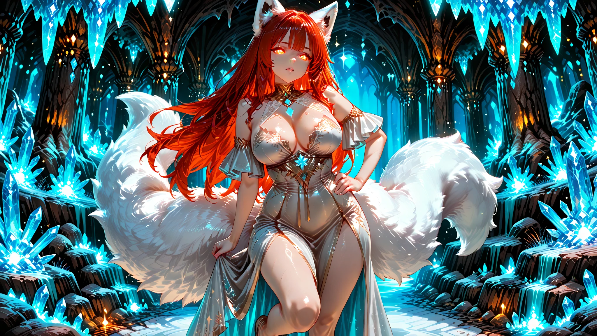 With delicately pointed fox-like ears atop her head and nine voluminous, fluffy tails cascading behind her, the enchanting figure before us embodies a mystical and ethereal beauty. This stunning portrayal, whether in a painting, photograph, or digital art, captures every nuance of her otherworldly allure. The vibrant colors of her fur, a mesmerizing blend of fiery oranges and soft creams, seem to shimmer and dance in the light, highlighting the intricate details of each tail and ear. The image is so exquisitely rendered that one can almost feel the softness of her fur and hear the gentle rustling of her tails as she moves. It is a masterful work of art that immerses viewers in a world of fantasy and wonder.