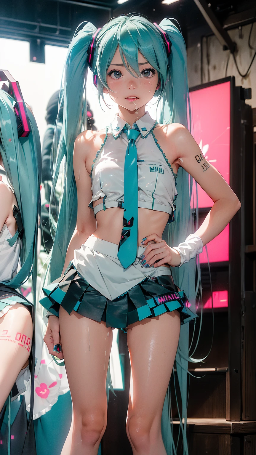 (Japan girl cosplaying Hatsune Miku: 1.4), (sweaty 4k: 1.2), camel pibe, bust top, (open legs, pubic hair, areola: 1.0),,, troops, smile, (full body), open mouth, (big cosplayer, big Hatsune Miku: 1.4), (green headset microphone, green tie: 1.4), Lori's Japan cosplayer is singing on stage,Lori's Japan cosplayer is dancing on stage,Loli's Japan posing,Cosplaying Japan loli,Half-off costume,sensual pose,Jumping high,((Translucent body, smooth translucent white skin: 1.5))、Sakimi-chan HDRI、Background bokeh,Background gradient,Cute Loli,Goddess of Japan,( Photorealistic: 1.8), (8k, RAW photos: 1.8), (HDR: 1.2), (shallow focus: 1.4), (sharp focus: 1.4), (clear nipple silhouette: 1.5), (clear areola silhouette: 1.5), (ultra-detailed clear silhouette of pubic hair: 1.5), (crowded, crowded: 1.0)