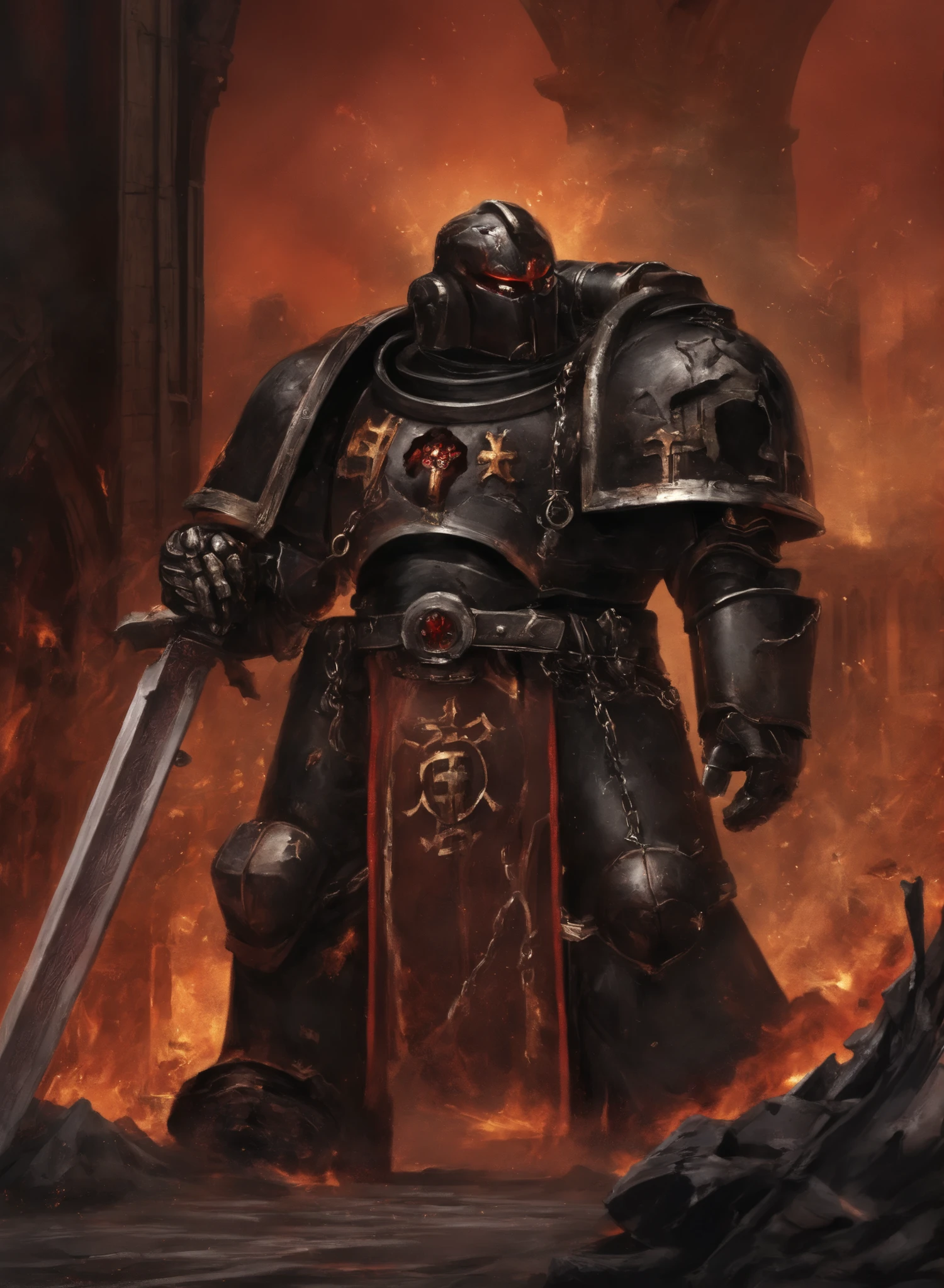 Black Templar Space Marine, massive Mark VII power armor, deep black ceramite with silver trim, white Templar crosses, flowing black tabard with red lining, ancient purity seals, chains and prayer scrolls intimidating helmet with red lenses, gothic ornaments, battle-damaged armor plating, combat weathering, scorch marks, tattered edges of the tabard heavy power sword with engravings, plasma pistol on magnetic lock, reliquary on belt, holy seals, inquisitorial tokens grim atmosphere of burning city, destroyed gothic architecture, smoldering ruins, smoke and sparks in the air, ominous red sky, flying ash dramatic lighting from fires, deep shadows, flame reflections on black armor, menacing glow of helmet lenses