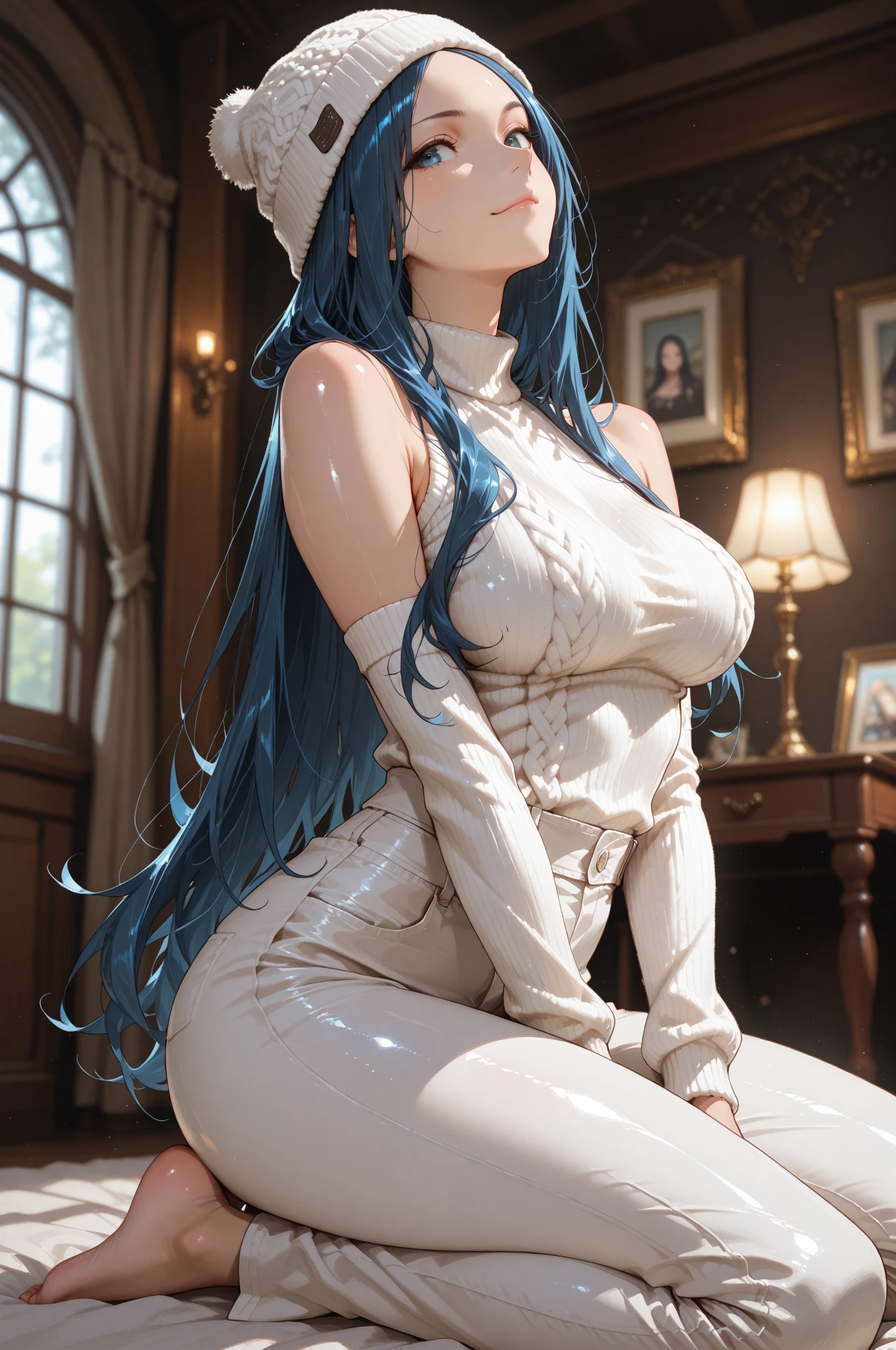 One braid completely covers one eye, hair hanging down to the forehead,  (Best Quality, Masterpiece),sexy mommy, Front cover of a women's cooking magazine,  erotic, 18+, nsfw, 1girl, 30 years old, Contempt, pride, hourglass figure, high heels, sexy Maid costume, beautiful food, text, diagrams, advertisements, magazine title, long white hair,blue detailed sparkling eyes,