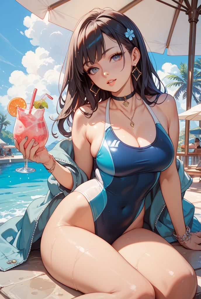 Realistic、Face reality、With a girl、Swimwear、Sexy smile、My breasts have gotten a little bigger、Sexy pose、From the front it looks like a one-piece, but from the back it looks like a mono bikini、