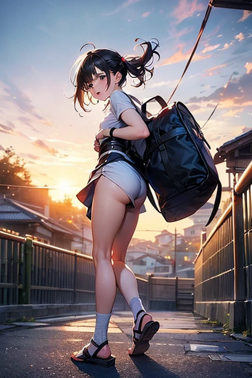 ((of the highest quality)), ((Obra maestra)), (estar familiarizado con),  High school girl riding an escalator on the way to school.、mirando fijamente、chaqueta azul marino、mini falda、calcetines azul marino、Vista trasera、undercover photography、(Vista desde abajo)、Close up of calcetines azul marino、sleeve panel design、estilo de dibujos animadoanga、station escalator、Todos se alinean a la izquierda、Face only frame and Vista trasera frame