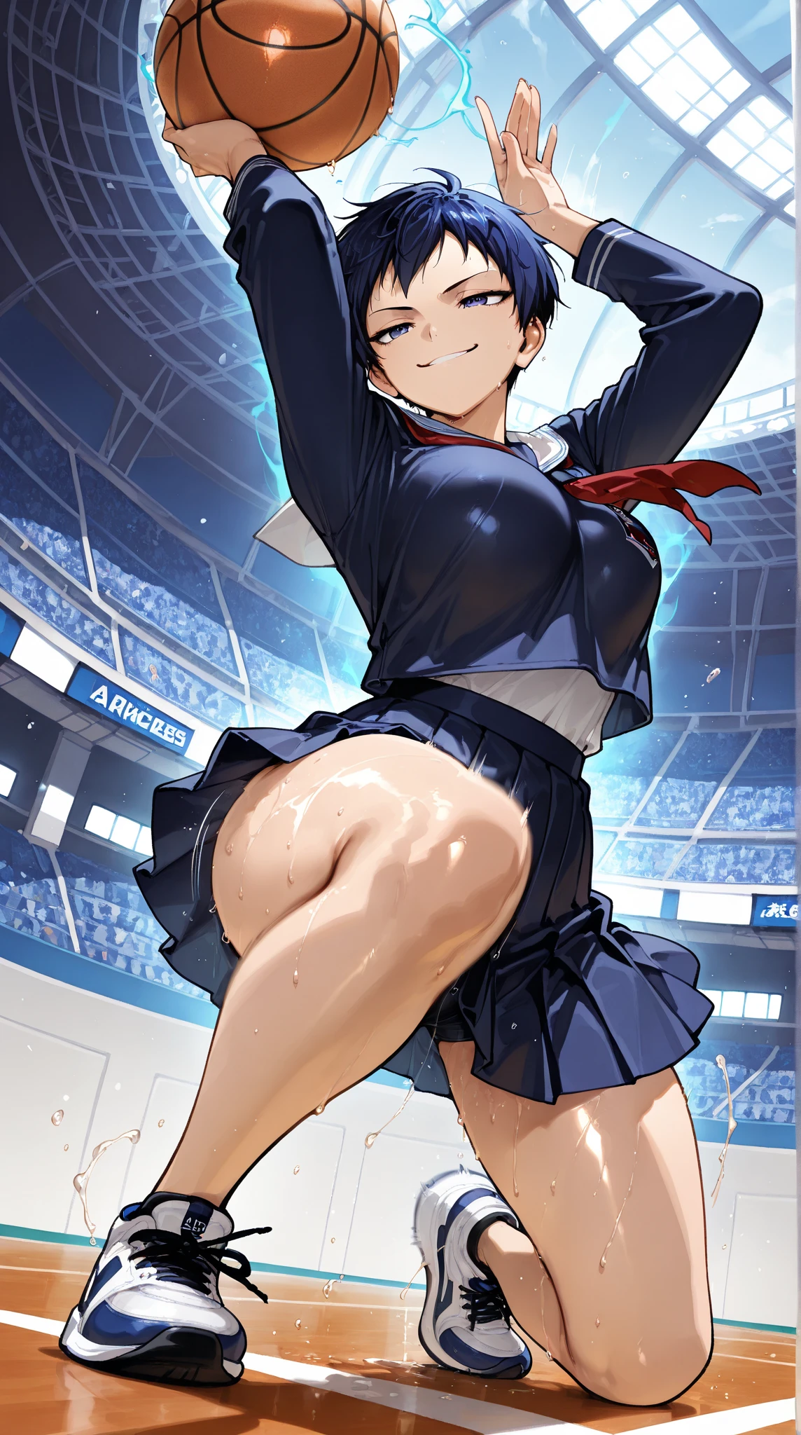 Browsing Caution,(((Perfect Anatomy, Anatomically correct, Very detailedな肌))), 1 girl, Japanese, high School girl, Shiny skin, Observe the audience, ((Back view, From below)), Beautiful Hair, Beautiful Face, Beautiful details, (short hair:1.1, Bobcut:1.2), Dark blonde hair:1, blue eyes, Baby Face, Mole under the eye, Beautiful clavicle, Beautiful body, Beautiful breasts, Big Breasts:0.5, Beautiful thighs, Beautiful legs, Camel Toe, (((Blue Sleeveless Cheerleader:1.2))), ((Thigh-high boots)), Removable sleeve, Captivating thighs, (Red Slave Collar), ((Embarrassing, Scared, sad, tears, cry, Half-open mouth)), Are standing, (((Leaning forward), Take off, Raise one leg, Pull on white panties)), (Beautiful views), summer, School, locker room, 8k, highest quality, Masterpiece:1.2, Very detailed), (Realistic), Beautiful illustrations, Natural light, whole body,
