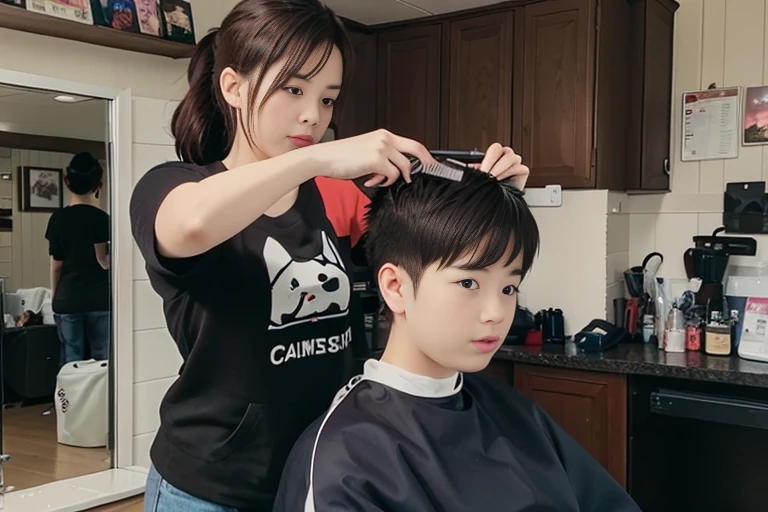 The photo shows a woman and an elementary school boy.、barber、A young and very beautiful woman(Wearing a white barber&#39;s uniform:1.4)、skirt、Cutting a boy&#39;s hair、少年はbarberのイスに座る、A kind smile、Boy looking at woman&#39;s breasts、Fine facial features、Beautiful Eyes、Long eyelashes、Highly detailed and realistic cinematic lighting、Glowing Skin、Delicate hands、Warm tones、Soft focus background、