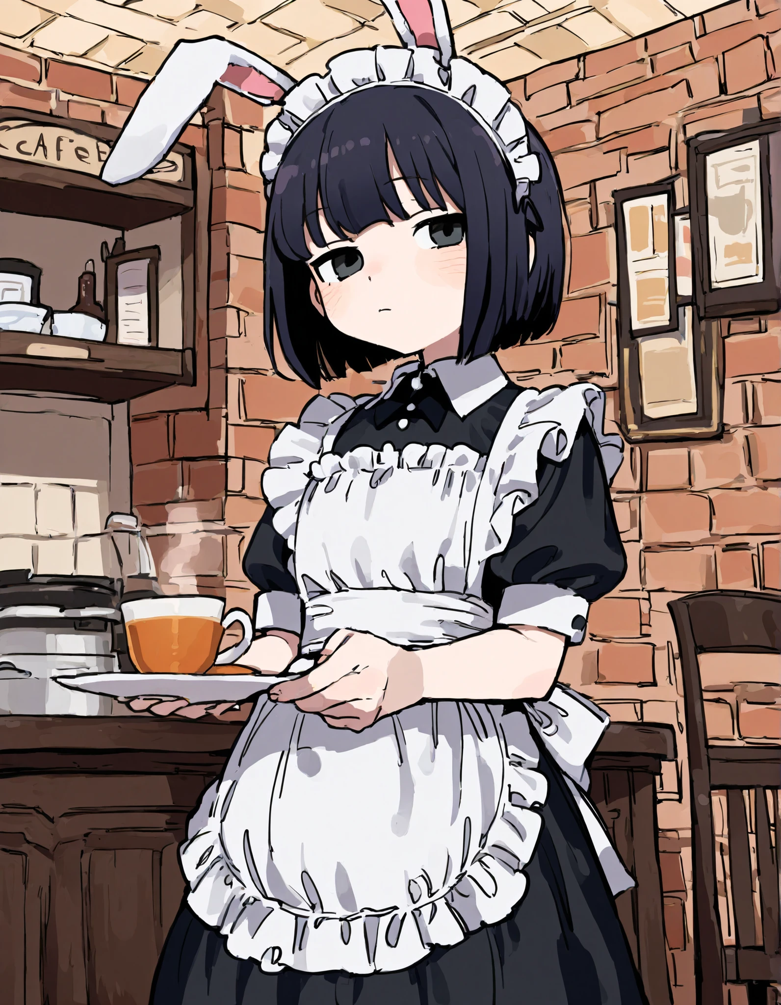 ,, solo, Maya Hell,black eyes,dark hair,bob cut,Maid Outfit、White Apron、White Headdress、 with rabbit ears、cafe,