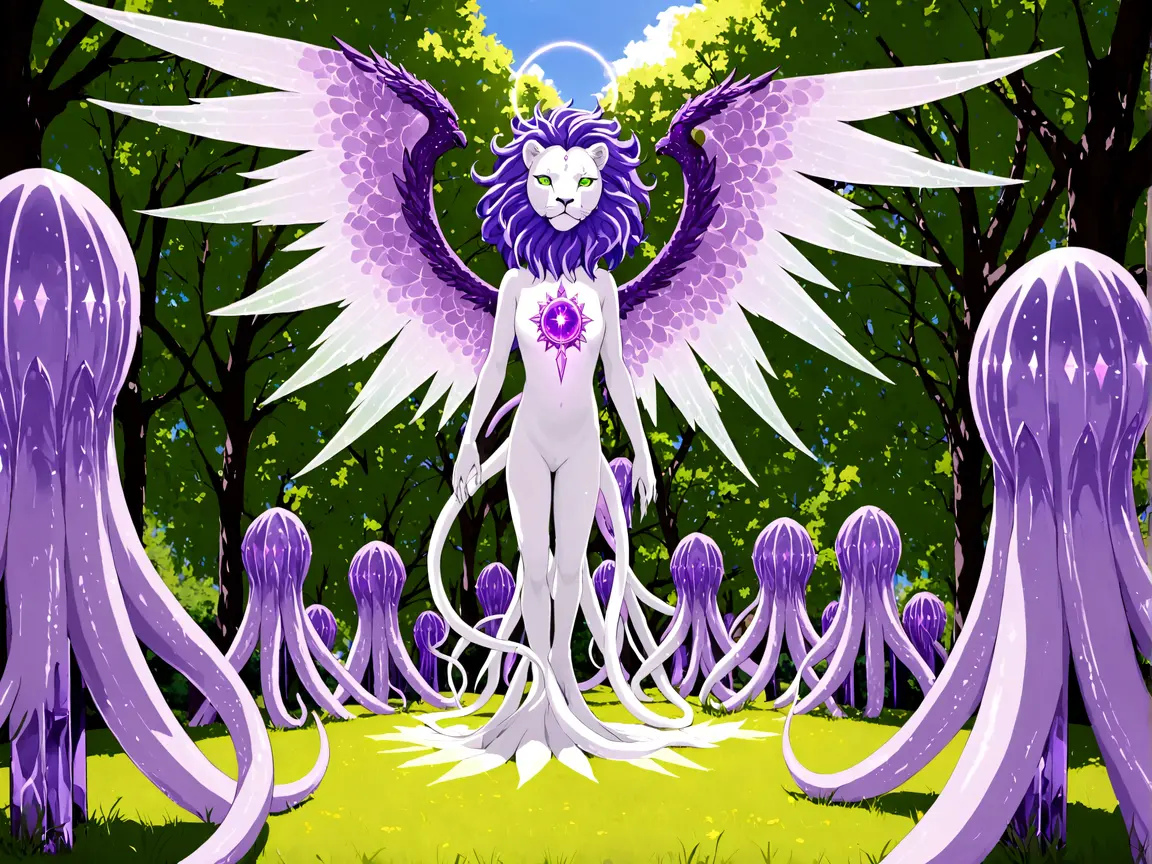 A eldritch angel (central body of a violet lion, 6 pairs of radiant crystal wings, numerous white tentacle eyestalks with neon green eyes) has appeared in a holy corona and approaching the viewer set in a park in daytime

