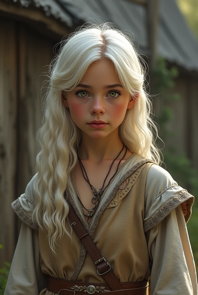 Girl with long curly golden platinum hair with grey eyes and milky white skin in Camp Half-Blood uniform