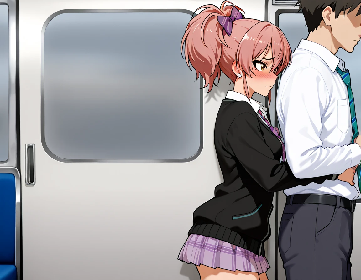 High school girl grabbed by the ???????? on the train, , Pleated skirt, (molesting), Man grabbing girl's ??? on train, pink hair, short hair, waved hair, twintail, ??? grab, (chikan), looking back, from below, masterpiece, best quality, 1 woman, detailed beautiful face, wet skin, wet pantie, (????), ((white pantie)), (??????), zettai ryouiki, drunken eyes, closed mouth, ?????????, (wet ??????), crying