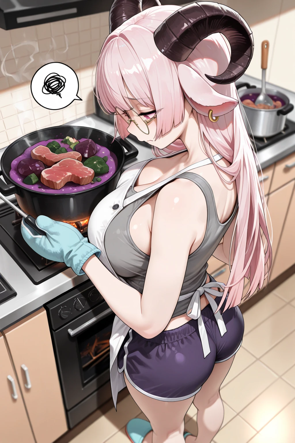 1 Girl,Kagura Mia ,white hair,Heterochromia,Half closed eyes,(Giddenmei 1.5),double braid hair，Barefoot，White underwear，White bra， (Butcher shop:1.4)，(As a gift, Holding),(dirty, man juice stains:1.1))，(((exhibit))),shame，Give