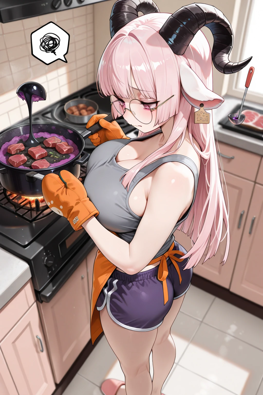 1 Girl,Kagura Mia ,white hair,Heterochromia,Half closed eyes,(Giddenmei 1.5),double braid hair,Barefoot,White underwear,White bra, (Butcher shop:1.4),(Underwear as a gift, Holding panties),(dirty, man juice stains:1.1)),(((exhibit))),shame,Give