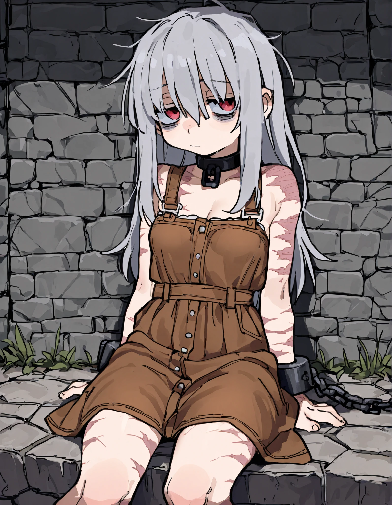 Webtoon style drawing of a crying  toddler girl with silver hair and purple eyes in a slave collar, slave cuffs, and ankle cuffs looking down at moldy bread on a wooden floor