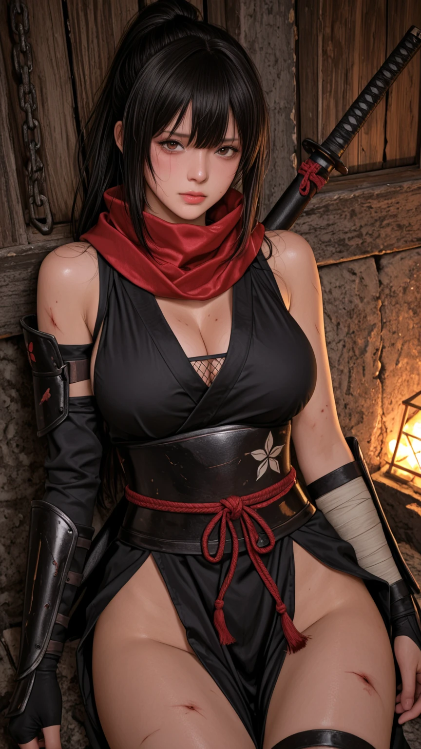 Big Tits,Big Ass,

tops:
	•	Traditional Japanese hakama（Hakama）and a shoulder-baring jacket: Wear traditional Japanese hakama with an old-fashioned feel。Colors are dark red and black、In deep purple and other dark tones、Creates a powerful impression。The jacket has a design with wide open shoulders、Emphasizing the strong body。The sleeves of the jacket are wide、Embroidery and decorations give it a luxurious impression。
	•	Armor-like details:
	•	Metal-like shoulder pads and breastplates: To symbolize the demon's strength、Wear metal-like armor on the shoulders and chest。This、Add an intimidating look for battle。For armor、Decorate with demon faces and oni-bi-like motifs、Creating the look of a legendary demon。
	•	Waist cloth and sash:
	•	Flashy sash and waist cloth: A sash with luxurious embroidery and、Wear a waist cloth to match。The sash is tied firmly at the waist、The waist cloth has a design that hangs down in front and back for ease of movement。The color scheme is red and gold、Expressing strength。
	•	Pants and boots:
	•	Knee-length pants and tabi socks: Choose knee-length pants that allow for movement、Wear traditional tabi socks on the feet。This、While maintaining the Japanese style、Gives off a sense of the demon's agility。
	•	Combat boots: At your feet、Pair it with heavy-duty boots、酒呑童子のExpressing strength。The boots have decorations like demon claws and horns、Even more impressive。
	•accessory:
	•	Demon mask（Oni no men）: Wear a demon mask on the forehead and shoulders。this is、For covering the face during battle or、Used as a symbol。The demon mask has a frightening design、Red and black color schemes are appropriate。
	•	Large sake bottle or gourd（gourd）: As a demon who loves sake、Hang a large gourd from the waist。this is彼の酒好きな一面を表現し、Emphasize the character's identity。

Makeup • Skin:
	•	White or reddish skin: The skin is to give it the look of a legendary demon、White or not、Finish it in a reddish tone。Draw blue and red lines on the face、Emphasize the demon's allure and combative impression。
	• Eyes:
	•	Sharp eye makeup: The eyes are sharp、目尻を大きく跳ね上げたアイラインでExpressing strength。Use red and black for the eyeshadow、Add dark shadows around the eyes to express the demon's coldness。Using colored contact lenses、If you make the eyes red or gold、Give it an even more demonic impression。
	• Eyebrow:
	•	Thick eyebrows、Angled eyebrows: Draw the eyebrows thickly and firmly、Make it angled、Give off strength and intimidation。The color of the eyebrows is black or red、Give the face a unified look。
	• Lips:
	•	Crimson lips: Use a deep red lip color、Expressing the demon's allure。Overdraw the lip line to make it luxurious、emphasize the lips、Enhance the presence as a demon。
	•hairdo:
	•	Long flowing black or red hair: Long hair、Give off allure with black and red colors。Add hair accessories that resemble demon horns to the hair、The character is emphasized。or、Add some white hair to parts of it、Give off the impression of an ageless being。