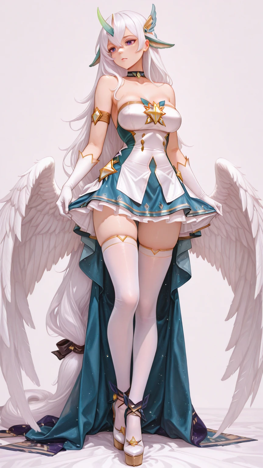 (best quality:1.5, highres, UHD, 4K, detailed lighting, shaders), white hair, gradient hair, elf ears, red eyes, large breasts, big butt, big thighs, big wings, woman small shirt, small skirt, white panties, white skirt, (pov), full body, white background, colorful eyeshadow, dramatic lighting, sparkling eyes, confident expression, golden earrings, flowing hair, delicate facial features, dark skinned, high cheekbones, stylish clothing, urban setting, white background