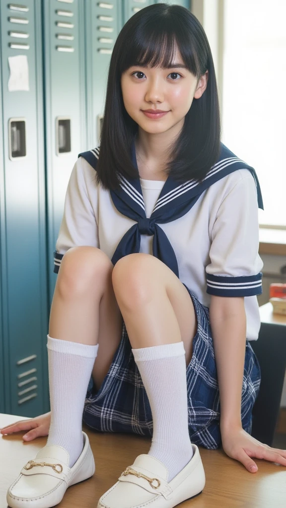 8K、top-quality、masterpiece:1.2、Real 1.5、Realistic 1.5、Photorealsitic:1.3、18year old、girl with:1.5、Colossal tits:1.5、a sailor suit、校服、student clothes、a miniskirt、Panties visible from the skirt、cute little、A smile:1.2、sitting on、Opening legs、Open legs、Panty white、