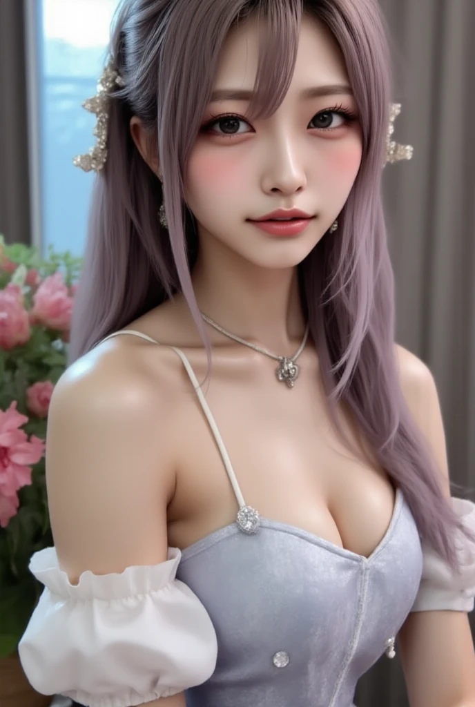 (HighestQuality, 8K,32k,masterpiece, UHD:1.2),Highly detailed CG Unity 8K wallpaper,intricate details,Raw photo,(realistic:1.4),atmosphere,ultra high resolution,genuineistic,genuine,Huge_file size,incredibly absurd,(in the center:1.3),ultra illustration,(Super detailed),dramatic lighting,different colors,written boundary depth,art：Krenz Kushart,golden hour lighting,Photographed with Canon EOS,SIGMA art lens 35mm F1.4,ISO200 Shutter speed 2000,blurred background,
break,
1 girl,(smile:1.4),because I&#39;thin,(Straight long hair with see-through bangs,:1.4),alone,18 year old Japanese beauty, (on the bed,white lingerie:1.5),(light purple hair:1.5),((brown eyes)),largechest,chest, Soft white skin that shines in every detail,pale skin,very beautiful face,very well-shaped face,natural and realistic face,Highest,fine and beautiful eyes,impressive, Big eyes,fine eyes, smile, smile with your mouth closed, detailed mouth,lip details,glossy beautiful lips,glossy lips,simple earrings,necklace,jewelry, alone focus,low neckline,
break,
light from the front,nice,Are standing,sensual expression,sunshine, break,
(Dutchangle:1.4),looking at the viewer,
break,Tzuyu,Yui Aragaki,